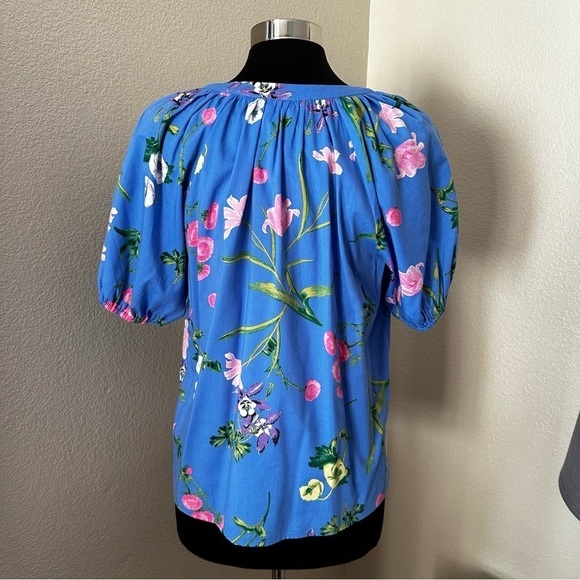 LOFT Garden Tie Neck Puff Sleeve Top Blue Size M - Picture 10 of 15